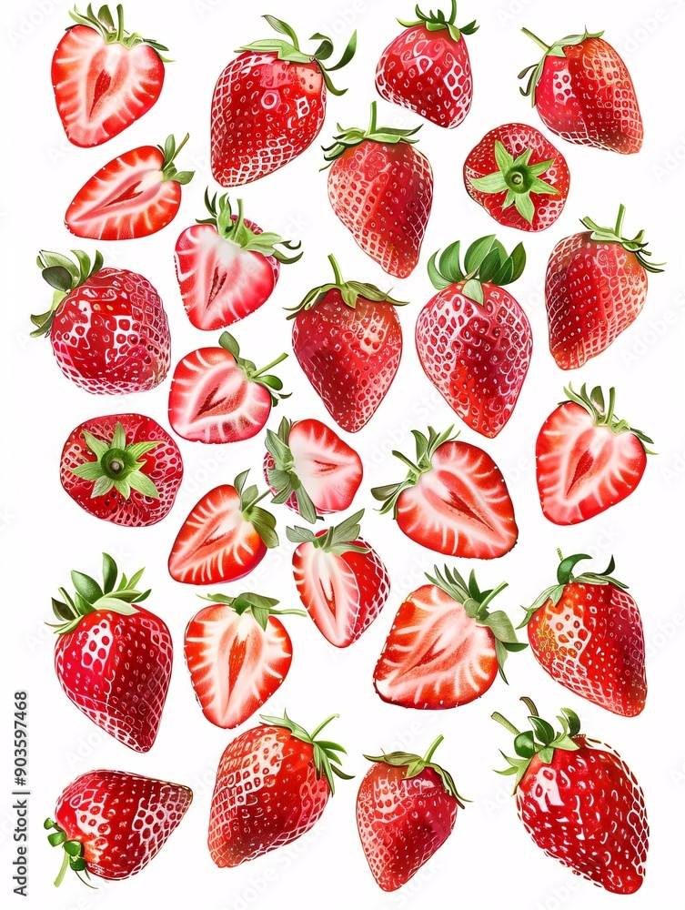 Juicy and vibrant strawberries arranged in various angles and views, sliced and halved, on a white background for use in graphic design projects. Juicy and vibrant strawberries arranged in various angles and views, sliced and halved, on a white background for use in graphic design projects.