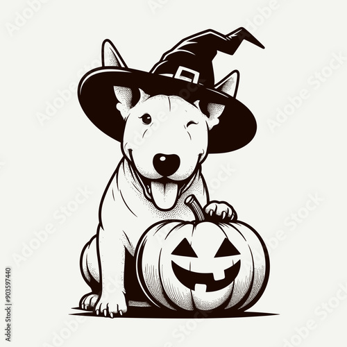  Bull Terrier Dog Wearing Witch Hat On Pumpkin Halloween Costume Cute Cartoon Vector svg Clipart  