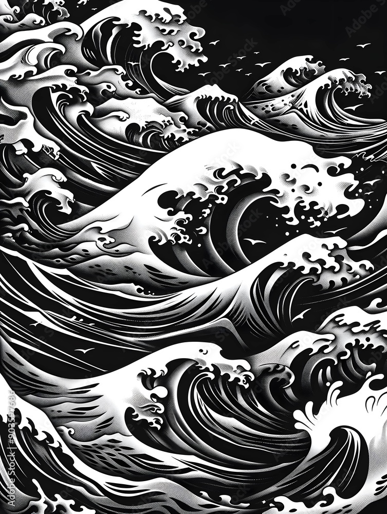 Renaissance-style Black and White Woodcut of Waves. Concept Art, Waves, Black and White, Renaissance, Woodcut Renaissance-style Black and White Woodcut of Waves. Concept Art, Waves, Black and White, Renaissance, Woodcut