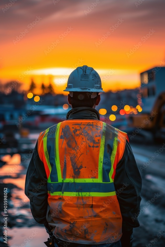 Construction Worker in High-Visibility Vest Observing Sunset at Construction Site Construction Worker in High-Visibility Vest Observing Sunset at Construction Site