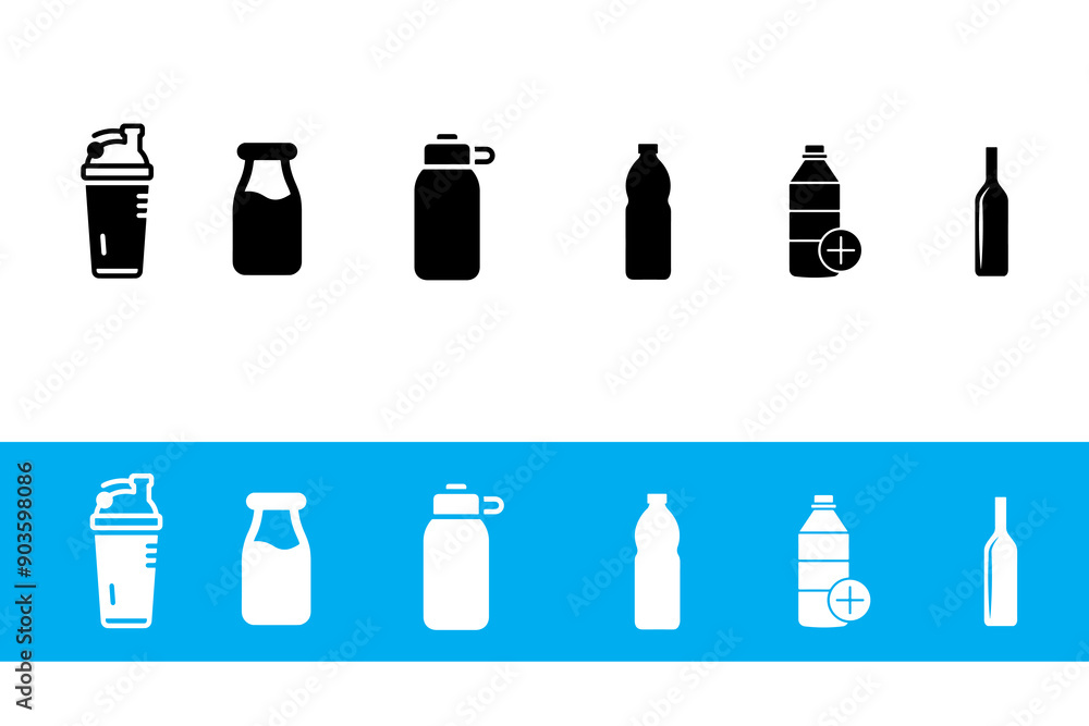 Set of plastic bottle vector icons on white background. Black silhouette of plastic bottle with cap Set of plastic bottle vector icons on white background. Black silhouette of plastic bottle with cap