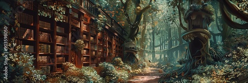 A magical forest path leads to a library nestled within the trees, with bookshelves overflowing with knowledge. The path symbolizes the journey of learning, the forest represents the vastness of knowl photo