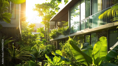 Sunlit green balcony garden of modern apartment building with lush tropical plants Urban oasis showcasing vertical gardening and sustainable architecture