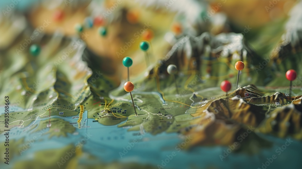 Pins on a geographic map curved like mountains. Pinning a location on a map with mountains. Adventure, geography, mountaineering, hike and travel concept background. Pins on a geographic map curved like mountains. Pinning a location on a map with mountains. Adventure, geography, mountaineering, hike and travel concept background.