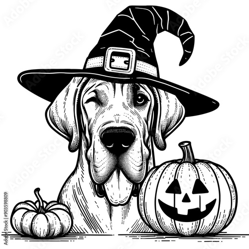  Great Dane Dog Wearing Witch Hat On Pumpkin Halloween Costume Cute Cartoon  Vector svg Clipart 