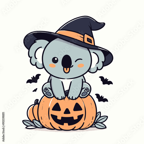  Koala Wearing Witch Hat On Pumpkin Halloween Costume Cute Cartoon Vector svg Clipart