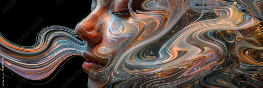A mesmerizing abstract portrait of a woman, with flowing liquid swirls symbolizing emotions, transformation, fluidity, and the interconnectedness of mind and body. The image is a blend of realism and A mesmerizing abstract portrait of a woman, with flowing liquid swirls symbolizing emotions, transformation, fluidity, and the interconnectedness of mind and body. The image is a blend of realism and