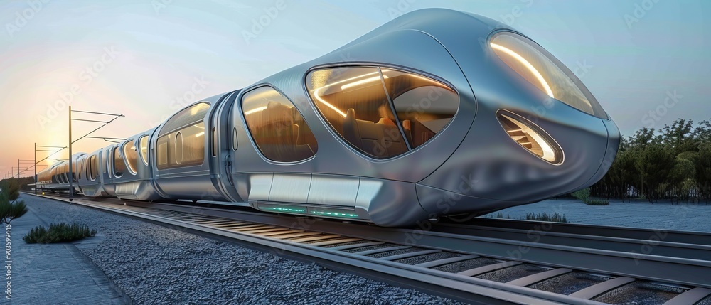 Fototapeta premium Sleek white high-speed train on city street Futuristic urban transportation concept with streamlined design