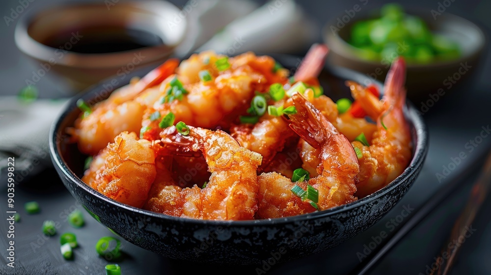 A Bowl of Crispy Fried Shrimp with Green Onions A Bowl of Crispy Fried Shrimp with Green Onions
