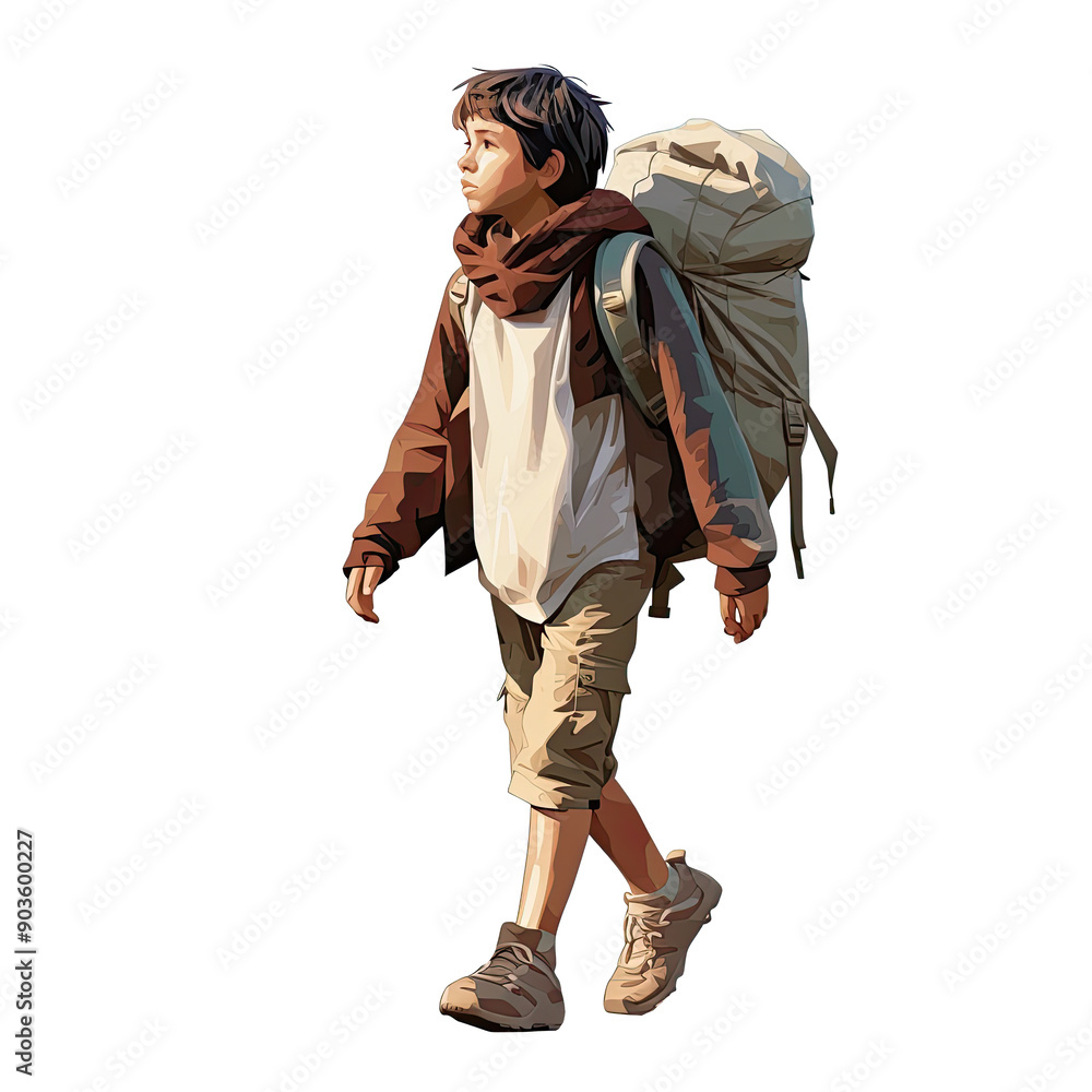 An illustration of a boy refugee walking while carrying a backpack