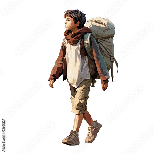 Obraz na płótnie An illustration of a boy refugee walking while carrying a backpack w salonie