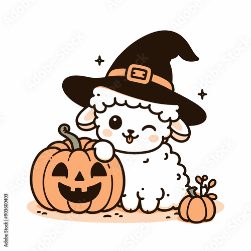 sheep Wearing Witch Hat On Pumpkin Halloween Costume Cute Cartoon Vector svg Clipart  