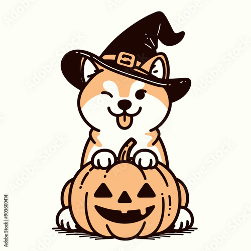  Shiba Inu Dog Wearing Witch Hat On Pumpkin Halloween Costume Cute Cartoon  Vector svg Clipart 