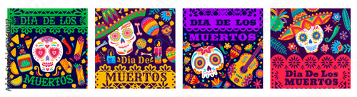 Wallpaper Mural Mexican Day of the Dead Dia De Los Muertos holiday square banners. Vector sugar calavera skulls, guitars and maracas, sombrero hats, candles, tequila and festive food with paper cut papel picado flags Torontodigital.ca
