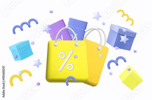 Gift boxes with shipping bags and free coupons. Flying ecommerce bag with bonus voucher. Delivery, low interest rates, gift coupons in a shopping bag. Online shipping, sale with discounts. Vector 3d.