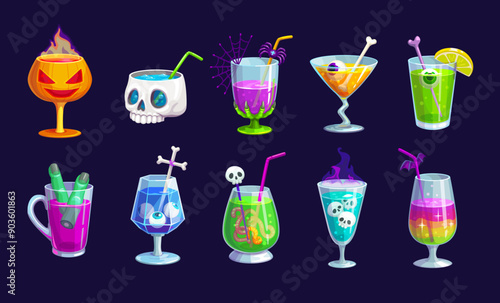 Halloween holiday party cocktail drinks for bar menu in spooky glasses, cartoon vector. Halloween cocktail drinks and soda beverages in skull or scary pumpkin glass with finger, eye or spider ice