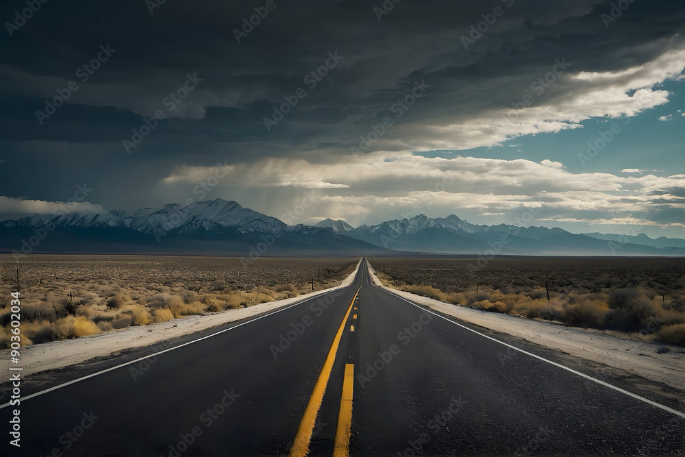 An asphalt road towards mountains with storm clouds An asphalt road towards mountains with storm clouds