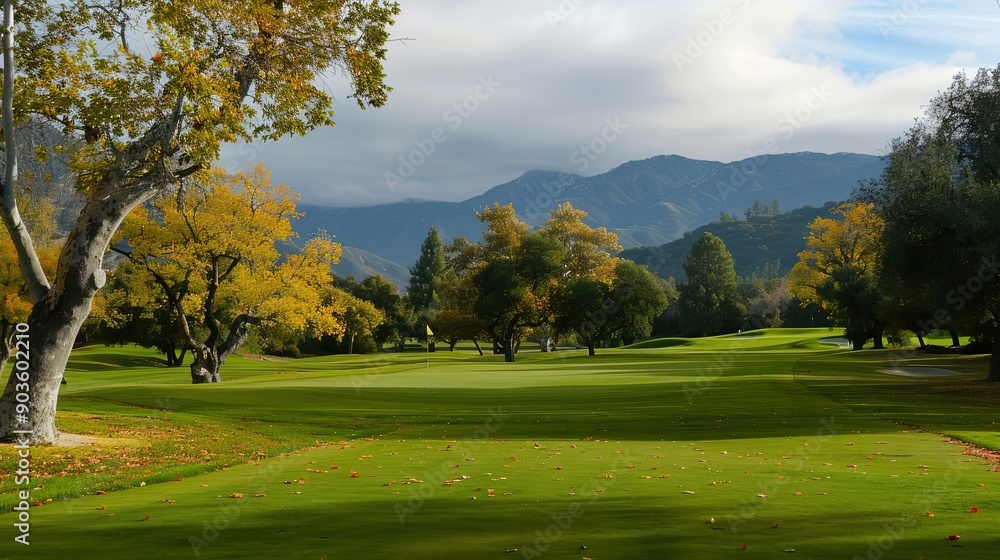 Golf course with putting green and sand traps surrounded by autumn trees. Sunny day with clear sky. Generative by AI Golf course with putting green and sand traps surrounded by autumn trees. Sunny day with clear sky. Generative by AI
