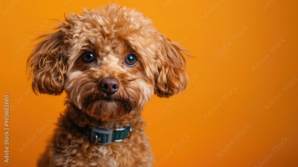 Brown Poodle Dog Portrait Against Orange Background Brown Poodle Dog Portrait Against Orange Background