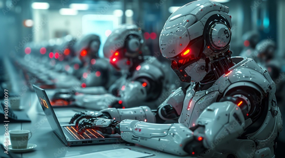 Fototapeta premium Group of Humanoid Robots Working on Laptops in High-Tech Facility
