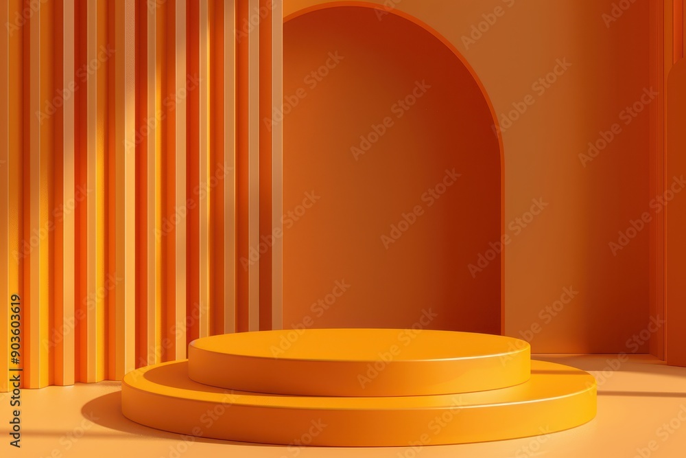 Orange podium with minimalist lines, surrounded by natural textures, abstract and modern style Orange podium with minimalist lines, surrounded by natural textures, abstract and modern style