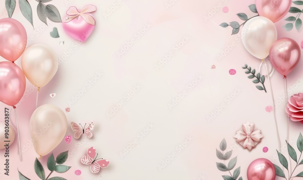 Pink balloons with decoration frame. Template for birthday greeting card, invitation, poster. Empty copyspace for your text Pink balloons with decoration frame. Template for birthday greeting card, invitation, poster. Empty copyspace for your text