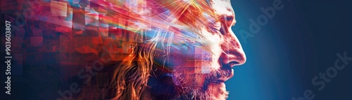 Jesus Christ in modern geometric circles, vibrant colors, abstract background, digital rendering