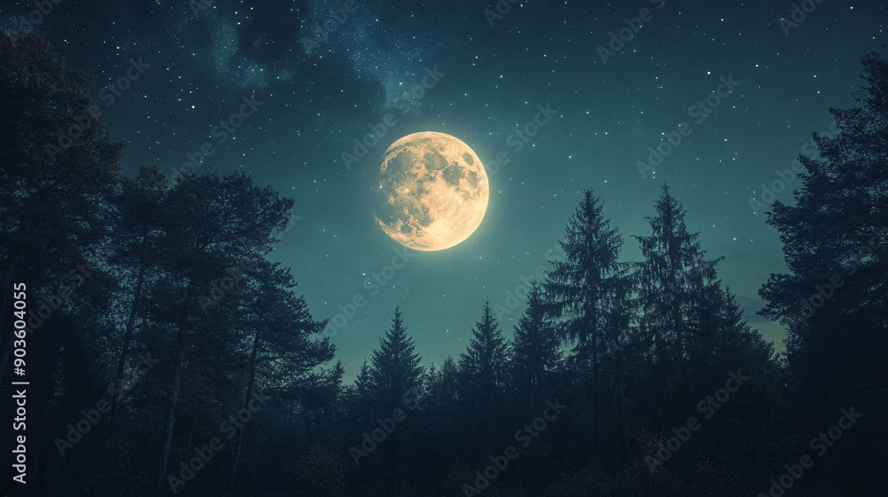 Naklejka premium A serene night scene of the moon shining above a tranquil forest, perfect for nature, mystical and celestial themes.