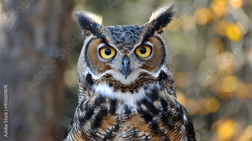 Close-Up of a Wise Owl Perched on a Tree Branch, Capturing its Intricate Feathers and Intense Gaze © Li