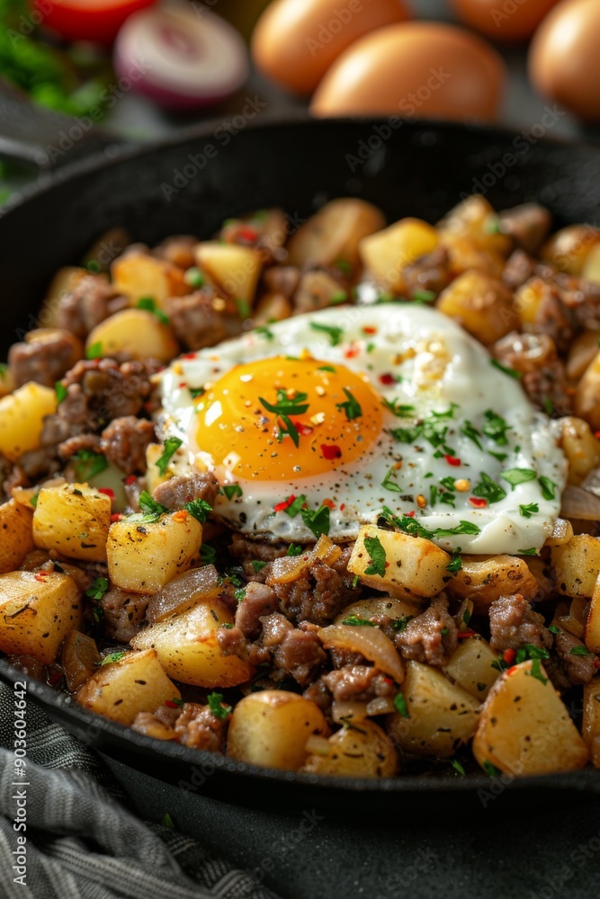 A dish of diced potatoes, onions, and meat, fried in skillet and served with a fried egg on top. A dish of diced potatoes, onions, and meat, fried in skillet and served with a fried egg on top.