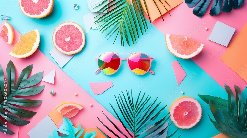 Fototapeta premium A vibrant summer scene featuring pink and blue backgrounds, tropical fruits like grapefruit and oranges, lush green palm leaves, and a pair of trendy sunglasses symbolizing summer, vacation, relaxatio