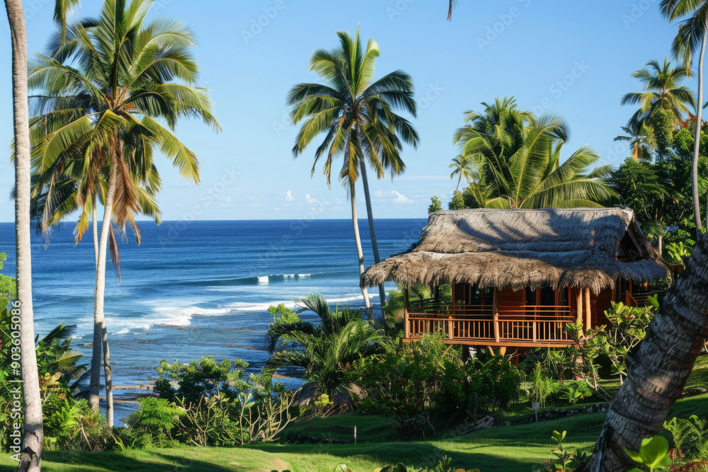 Tropical Hut Overlooking Ocean with Palm Trees Tropical Hut Overlooking Ocean with Palm Trees