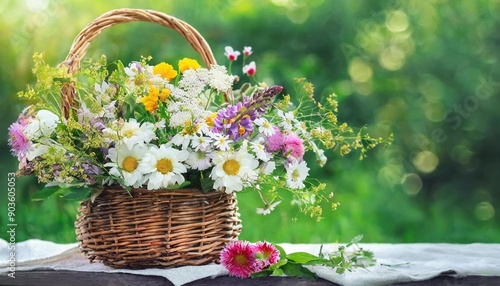 Fototapeta Naklejka Na Ścianę i Meble -  flowers bouquet in wicker basket on table in garden, abstract natural green background. spring, summer season. rustic still life with meadow flowers. template for design. copy space