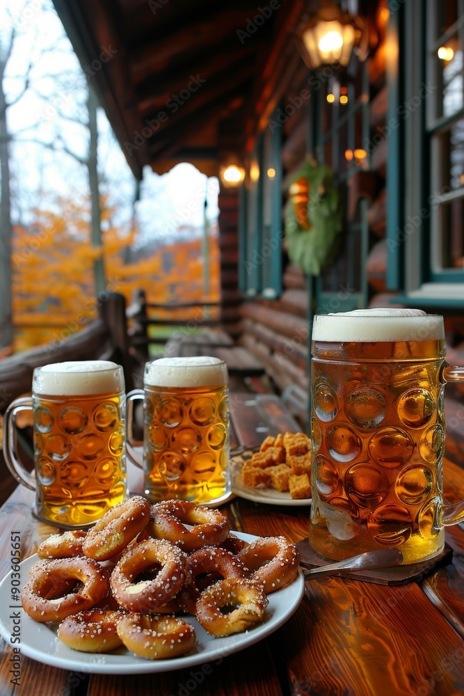 Oktoberfest: A table setting with pretzels, and large beer steins, evoking a festive Bavarian atmosphere. German tradition. Oktoberfest: A table setting with pretzels, and large beer steins, evoking a festive Bavarian atmosphere. German tradition.