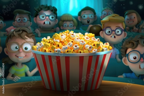 Excited children enjoy a movie night with a large bowl of popcorn, showcasing fun and anticipation in a vibrant cinema atmosphere.