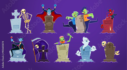 Cartoon Halloween scary characters near tombstones. Vector funny ghost, grim reaper with scythe, Dracula vampire and zombies, mummy and skeleton with devil or demon beside cemetery graves isolated set
