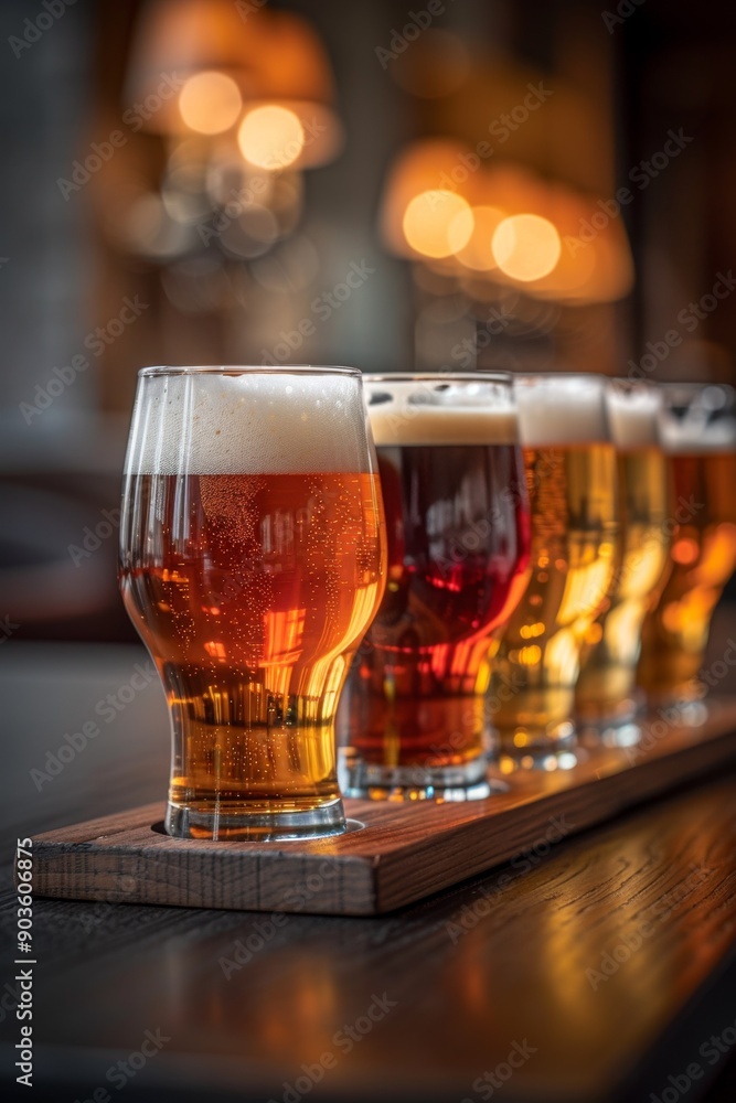 Beer Flight: A flight of various draft beers in glasses arranged on a wooden paddle, showcasing different colors and foam levels. Draft. Beer. Beer Flight: A flight of various draft beers in glasses arranged on a wooden paddle, showcasing different colors and foam levels. Draft. Beer.