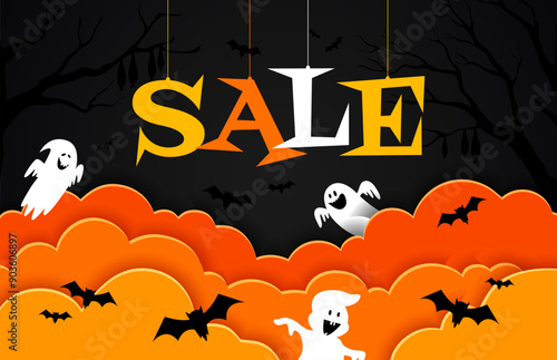 Halloween paper cut sale banner with clouds and scary ghosts, cartoon vector background. Halloween holiday sale and discount promotion banner with funny cute spooky boo ghost in papercut banner