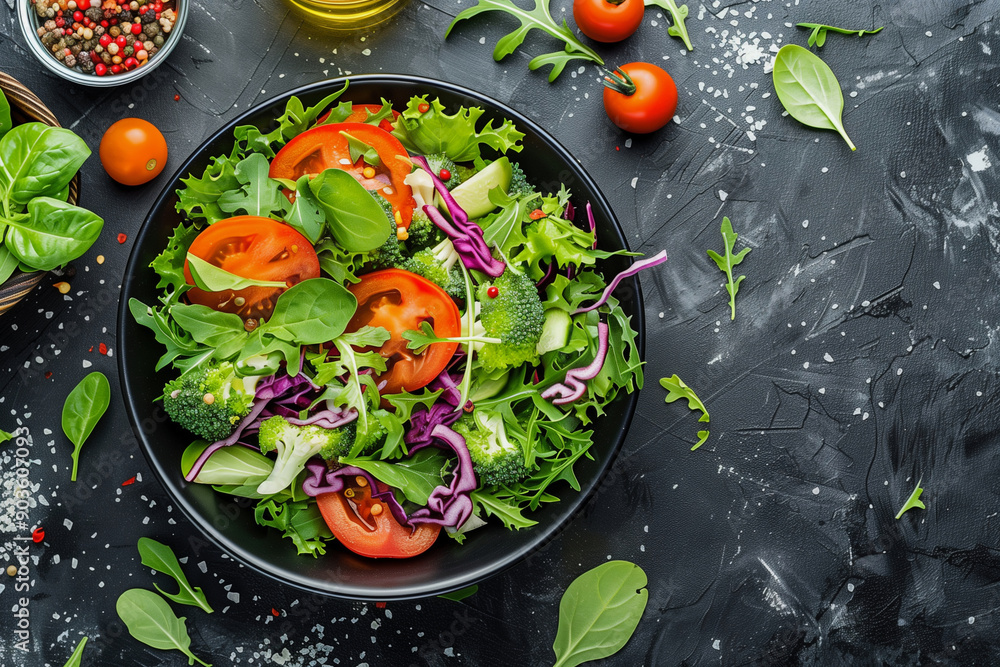 bowl of salad with lettuce, tomatoes, and onions. The bowl is on a grey surface bowl of salad with lettuce, tomatoes, and onions. The bowl is on a grey surface