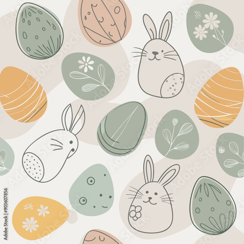 Easter seaml ess pattern icons with colorful eggs, flowers, bunnies and butterfly.Adobe Illustrator Artwork photo