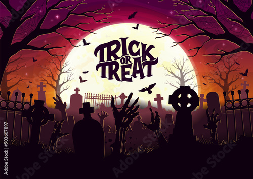 Halloween cemetery landscape with zombie hands and tombstones, vector background. Halloween holiday trick or treat party banner with midnight moon and cemetery with graves and undead zombie hands