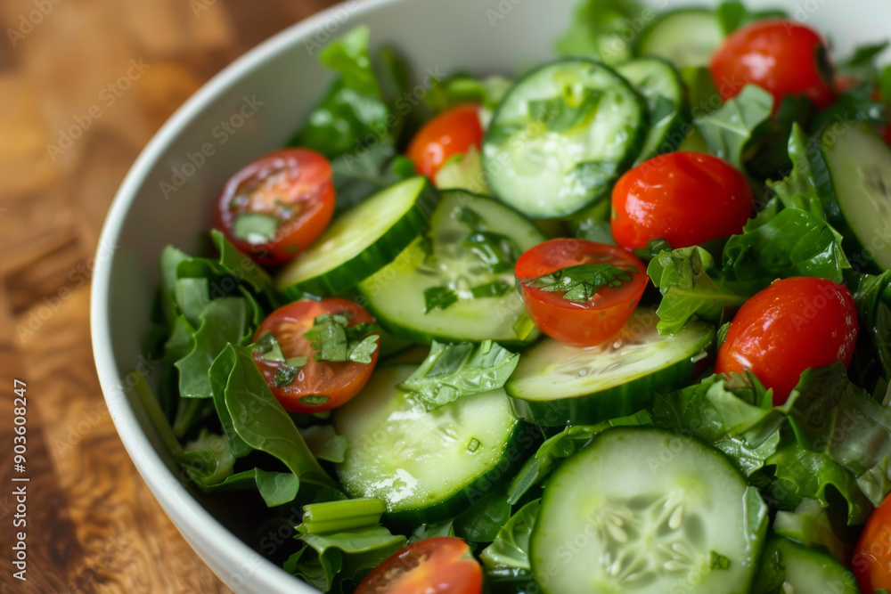 Close-up of a Salad with Cucumber, Tomatoes, and Greens Close-up of a Salad with Cucumber, Tomatoes, and Greens