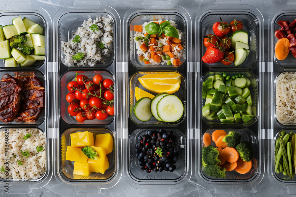 row of clear containers filled with a variety of fruits and vegetables. The containers are arranged in a neat and organized manner row of clear containers filled with a variety of fruits and vegetables. The containers are arranged in a neat and organized manner