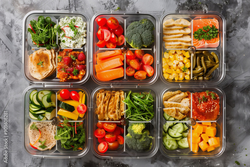  row of clear containers filled with a variety of fruits and vegetables. The containers are arranged in a neat and organized manner © lashkhidzetim