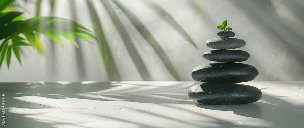 Zen Stones Stacked with Greenery on White Surface Zen Stones Stacked with Greenery on White Surface