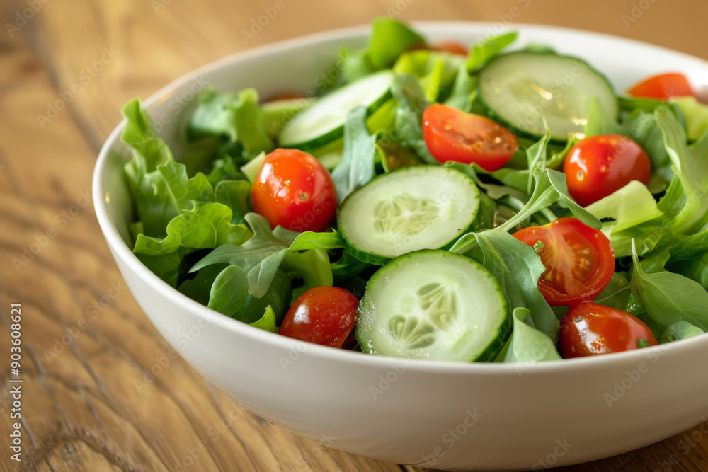Fresh Salad with Cucumber, Tomatoes, and Lettuce in White Bowl Fresh Salad with Cucumber, Tomatoes, and Lettuce in White Bowl