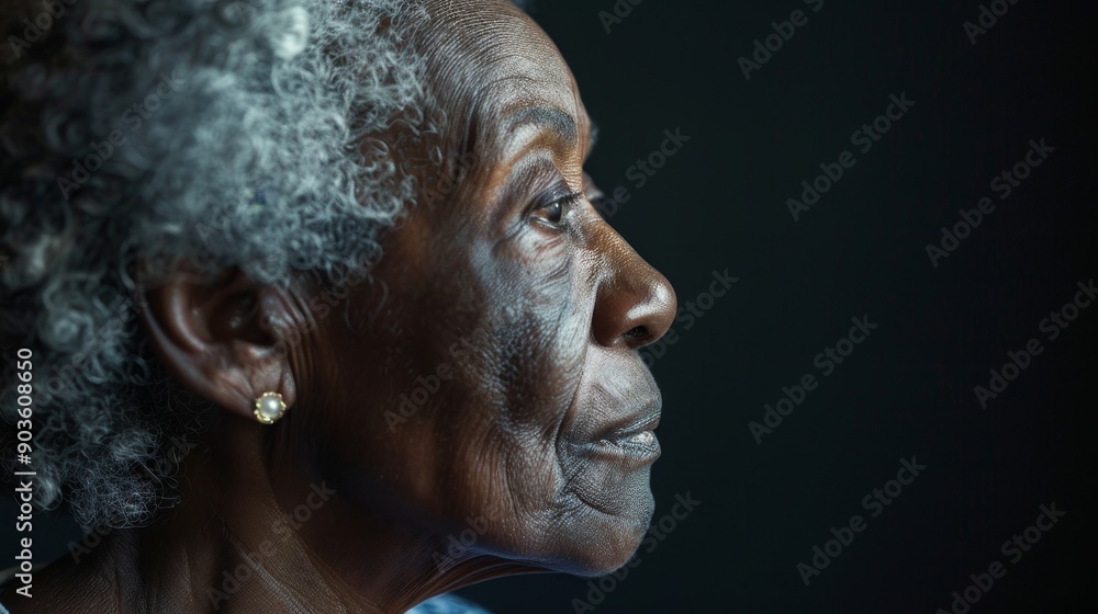 The image portrays an elderly Black woman with grey hair looking to the right. Her gaze is focused, suggesting contemplation or reflection. The strong lines on her face hint at a life lived fully, her The image portrays an elderly Black woman with grey hair looking to the right. Her gaze is focused, suggesting contemplation or reflection. The strong lines on her face hint at a life lived fully, her