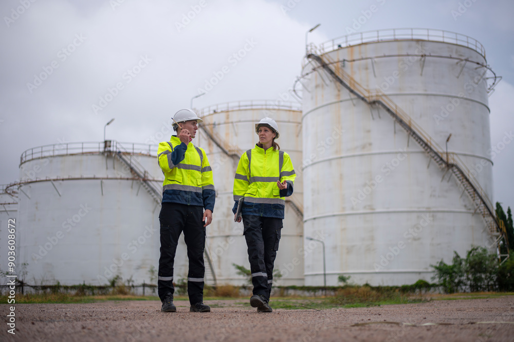 Engineers wearing safety gear, including hard hats examining survey a large blueprint laptop standing industrial facility oil refinery engaged in a job that requires high safety standards. Engineers wearing safety gear, including hard hats examining survey a large blueprint laptop standing industrial facility oil refinery engaged in a job that requires high safety standards.
