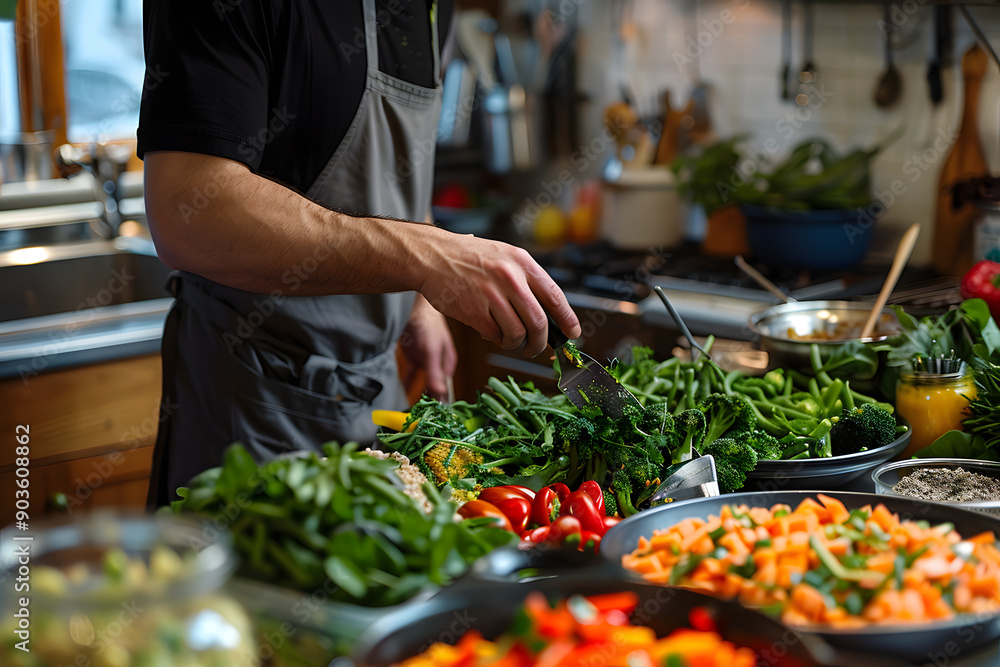 Obraz premium A vegan man preparing vegan food to eat