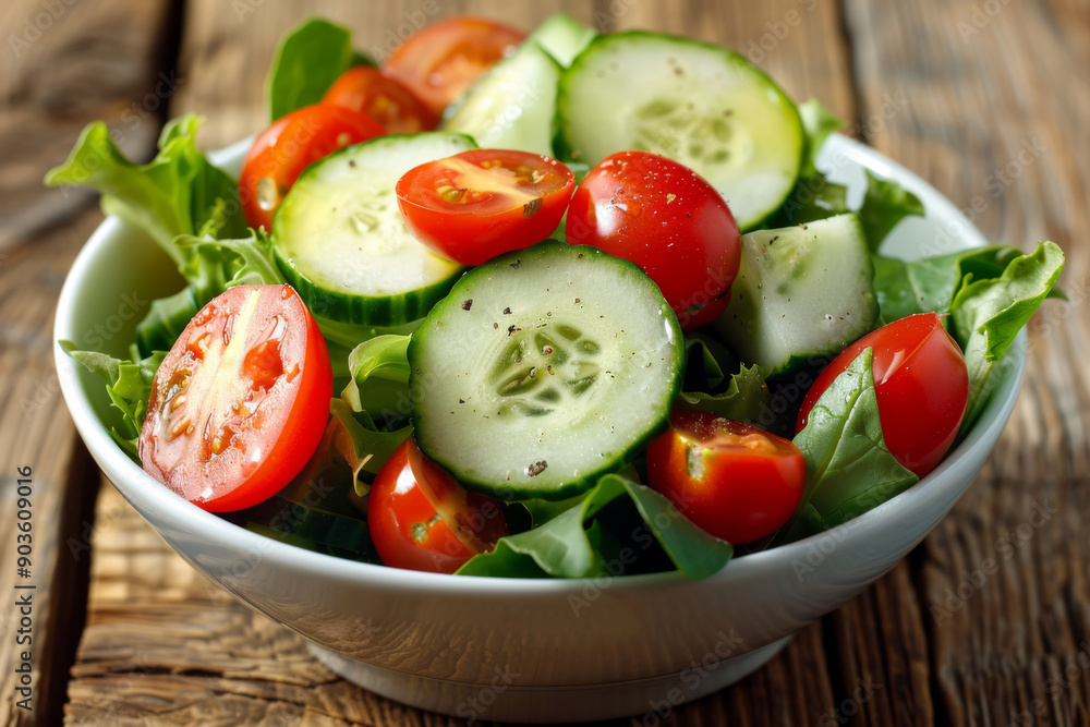 Fresh Cucumber and Tomato Salad in a White Bowl Fresh Cucumber and Tomato Salad in a White Bowl